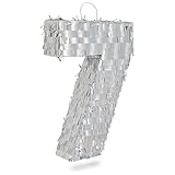 Small Silver Foil Number 7 Pinata for Kids 7th Birthday Party Decorations (15.7 x 9 x 3 In)