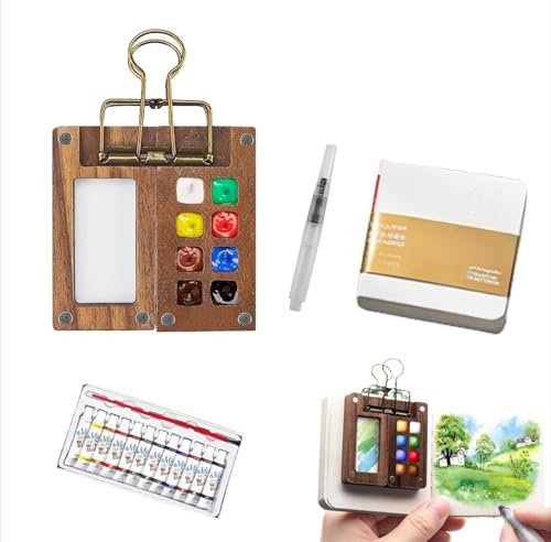 Tobio's Mini Watercolor Kit Pocket Wooden Watercolor Paint Set with 8 Grids Palettes Watercolour Watercolor Pen Sketchbook Travel Paint Kit (1 Set)