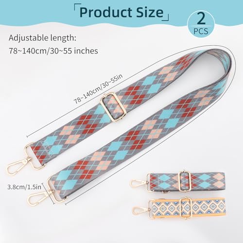 Image of 2 PCS Purse Strap,1.5 inch Wide Shoulder Strap Adjustable Replacement,Replacement Crossbody,Retro Multi pattern Crossbody Bag Straps for Handbag, Crossbody Bags, Shoulder Bags(lozenge pattern)