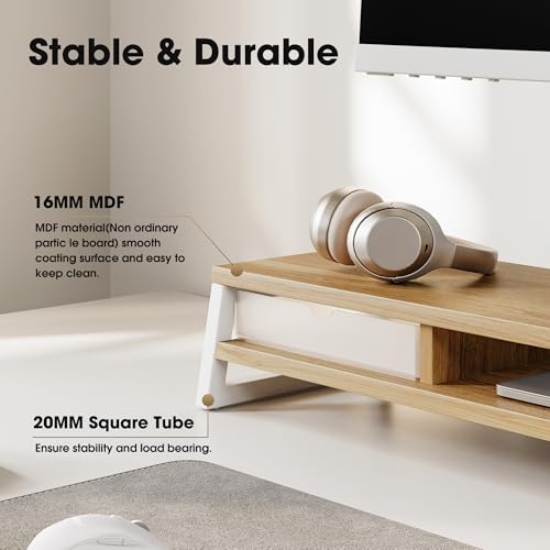 Image of Fenge Dual Monitor Stand, Monitor Riser with Drawer, 42.5 Inch Large Computer Monitor Stand for 2 Monitors, 2 Tier Wooden Desk Shelf for Top of Desk
