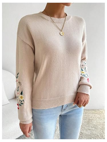 SOLY HUX Women's Floral Embroidery Sweaters Crew Neck Drop Shoulder Long Sleeve Knit Sweater Pullover Fall Tops3