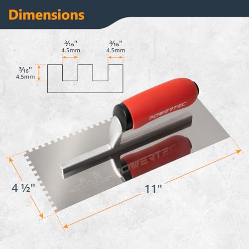Image of POWERTEC Square Notch Trowel - 3 /16 inch x 3 /16 inch Stainless Steel Square-Notch Tile Trowel with Soft Grip Handle for Thinset Mortar, Mastic & Tile Installation Work (72206)