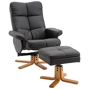 HOMCOM Relaxsessel mit Hocker, 360°drehbarer Fernsehsessel mit Liegefunktion Lesesessel für Schlafzimmer, Wohnzimmer, Kunstleder, Schwarz