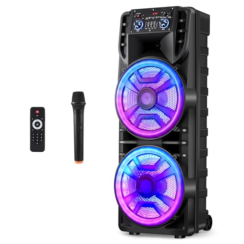 ROXAAN Dual 12’’ Wireless Party Bluetooth Speaker with Microphone, Remote, Portable PA Speaker System, RGB LED Party Lights, Karaoke Machine with Treble & Bass, FM/AUX/USB/TF/TWS/Echo