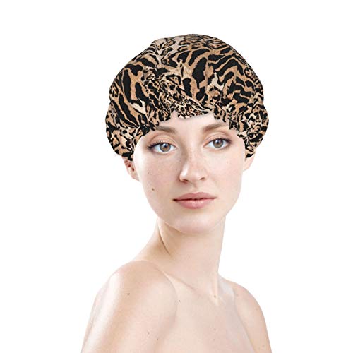 Fashion Leopard Animal Skin Pattern Brown Double Layers Shower Cap For Long Hair Shower Caps For Women Bath Cap Turban Sauna Shower Caps Waterproof Reusable