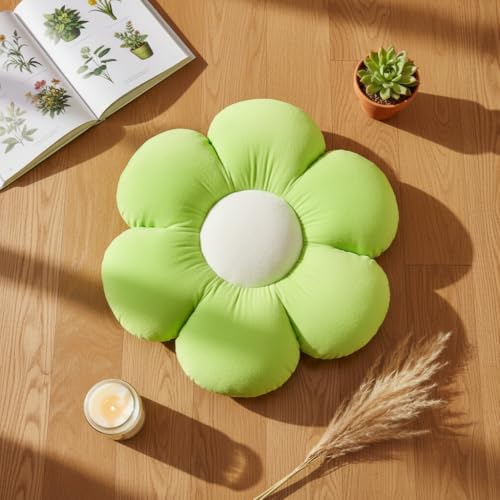 Image of AVSHUB Sunflower Pattern 6 Petal Cute Preppy Decorative Throw Pillow|Floor Cushion with Fibre Filling for Aesthetic Decoration (Green, 35CM)