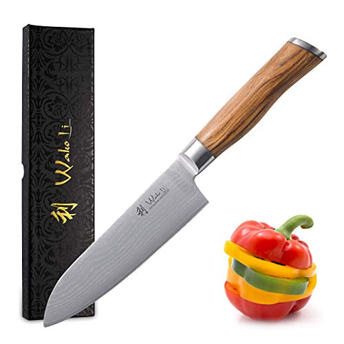 Wakoli Oliven - Cuchillo de damasco (mango de madera de olivo, hoja de damasco, cuchillo santoku de damasco)