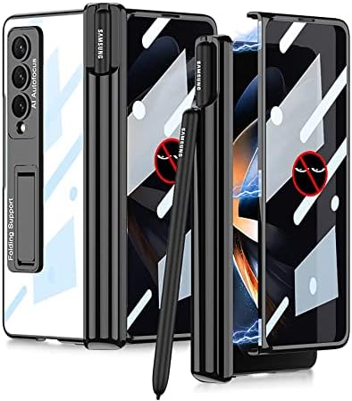 FODDOM for Samsung Galaxy Z Fold 4 Case with S Pen Holder & Front Anti-peep film Screen Protector Case, Ultra Thin Transparent Plating PC Crystal Magnetic Hinge Protection Cover (Black)