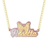 BlingSparkle Double Plated Personalized Nameplate Necklace with Gold Butterfly Pendant on Pink Acrylic Board Customized Name Jewelry Gift for Women