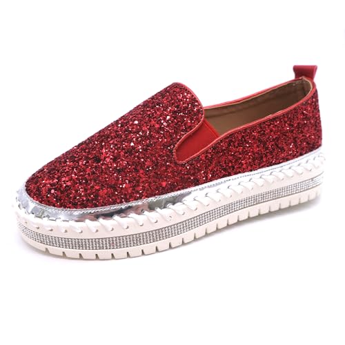 Image of Women's Platform Rhinestones Glitter Fashion Sneakers Comfortable Slip On Flat Loafers Walking Wedding Dress Shoes Casual Shoes