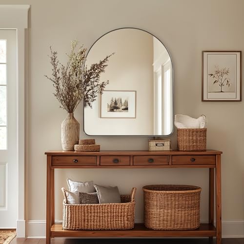 Image of ANDY STAR Arched Mirror, 30 x 36 Inch Brushed Nickel Wall Mirror in Stainless Steel Metal Frame, Arch Top Rounded Corner 1 Inch Deep Set Design Wall Mount Hangs Vertical