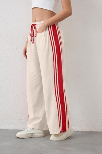 MISSACTIVER Women Side Striped Wide Leg Pants Color Block High Rise Drawstring Sweatpants Baggy Track Pants with Pockets3