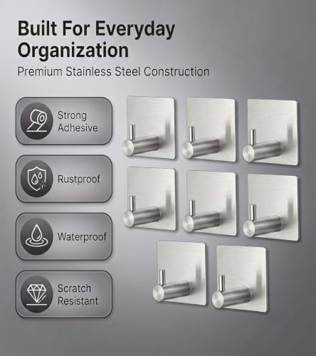 Image of Enclave Heavy Duty Adhesive Hooks, Stick on Wall Adhesive Hangers, Strong Stainless Steel Holder, Self Adhesive Hooks for Kitchen Bathroom Home Door Towel Coat Key Robe. (Cube RND Silver, Pack of 4)