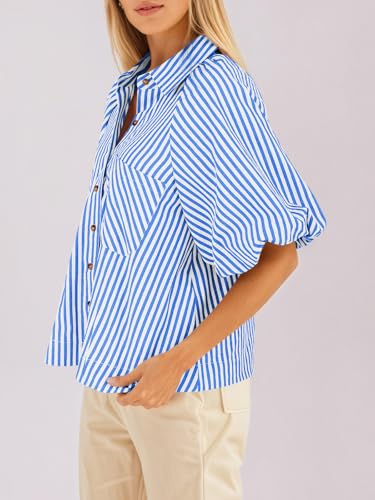 Image of Tankaneo Womens Short Puff Sleeve Button Down Shirts Striped Trendy Casual Loose Fit Blouse V Neck Collared Tops
