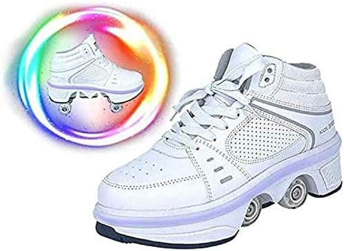 Roller Shoes Girls Boys Wheel Shoes Kids Quad Roller Skates Shoes LED Light Up Shoes 2 in 1 Parkour Shoes/Outdoor Rollers,33EU