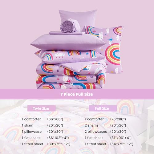 Full Size Comforter Set for Boys-7 Pieces Purple Rainbow Glow in The Dark Full Bedding Sets for Kids, Ultra Soft Bed in A Bag with Sheets