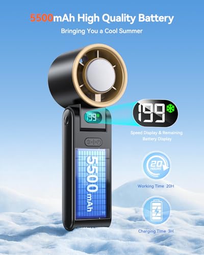 Image of Portable Handheld Fan with Ice Cooler, 199 Speed Personal Fan,5500mAh Rechargeable,20H Cooling Time,20000 RPM Powerful Motor, Summer Essential for Travel /Outdoor /Office, Black Gold