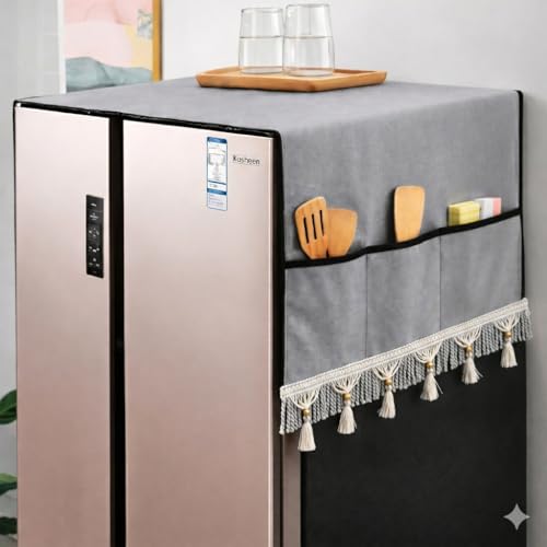 Image of Decorative Fridge Cover Top with Tassel Lace for Double Door Refrigerator - Waterproof, Dustproof & Washable Polyester Fridge Cover with 6 Side Pockets for Kitchen Accessories (Grey)