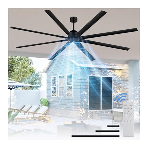 [HVLS]96 Inch Industrial Ceiling Fan, Extra Large Commercial Big Assed Ceiling Fan, 8 Aluminum Blades, Reversible DC Motor, Remote Control with 6 Speeds, 3 Downrods, for Shop, Garage, Gym, Black