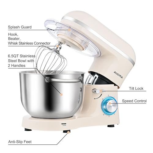 Aucma Stand Mixer, 6.5QT 660W 6-Speed Tilt-Head Food Mixer, Kitchen Electric Stand Mixer with Dough Hook, Wire Whip & Beater (Almond Cream, 6.5QT)