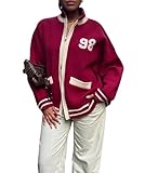 TELUPDI Women’s Red Bomber Jacket Lightweight Varsity Button Down College Style Short Jacket with Pockets...