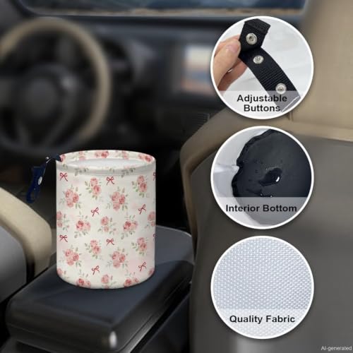 Image of Pink Flower Bow Car Trash Can Collapsible Hanging Portable Dustbin Bin Waste Basket for Women Car Accessories Interior Small Trash Can for SUV Trucks