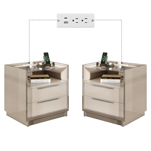 Image of AMERLIFE Nightstand Set of 2, 23.6 inch High Gloss End Table with Glass Tabletop, Modern Bedside Table with Charging Station, 2 Drawers Nightstand for Bedroom, Cream & Gray
