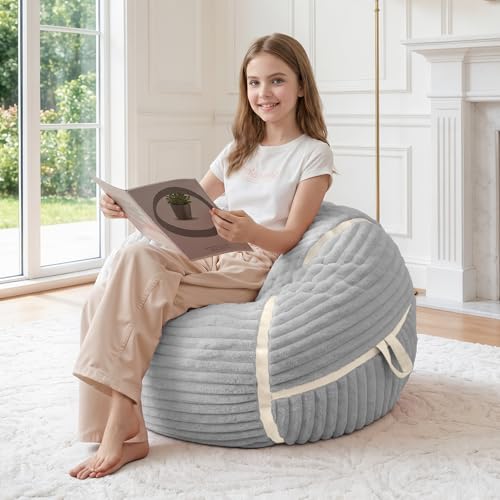 Image of 2FT Bean Bag Chair 2'Bean Bag Chairs with Memory Foam Filled Small Bean Bag | Bean bags with Machine Washable Cover Corded Plush Fabric, Comfy Chairs for Living Room Bedroom Dorm, Lightgrey with Beige