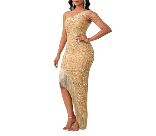 Cololura Women Elegant Sequin Sexy Tassels One Shoulder Mermaid Bodycon