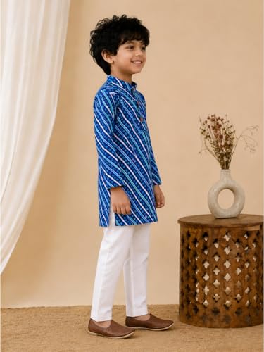 Image of superminis Cotton Boys Sanganeri Lehariya Printed Kurta Set with White Pyjama Elastic Closure