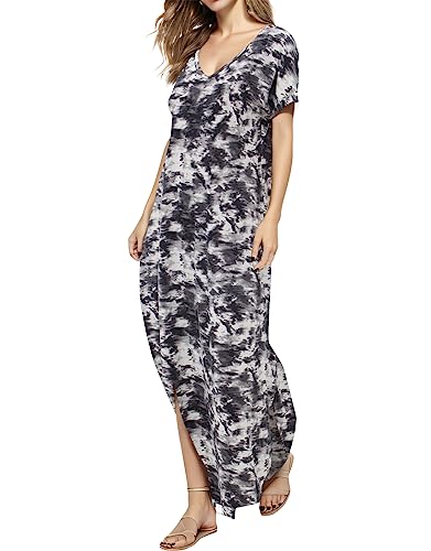Image of Match Women's V-Neck Casual Loose Short Sleeve Long T-Shirt Dress Split Maxi Dress with Side Pocket