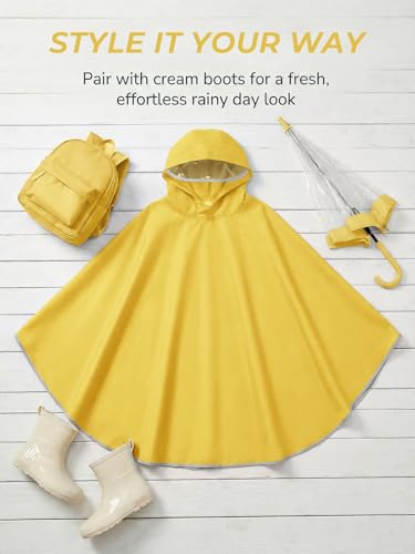 Image of Haloumoning Kids Hooded Rain Poncho Girls Waterproof Lightweight Reusable Raincoat Jacket 4-14 Years