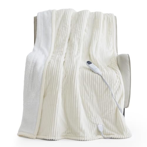Image of Bedsure Ribbed Heated Blanket Throw XL, Coconut White Electric Blanket