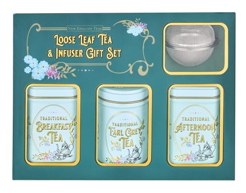 New English Teas Loose Leaf Tea & Infuser Gift Set 3 Vintage Victorian Tins with Breakfast Earl Grey & Afternoon Blends with Loose Tea Infuser