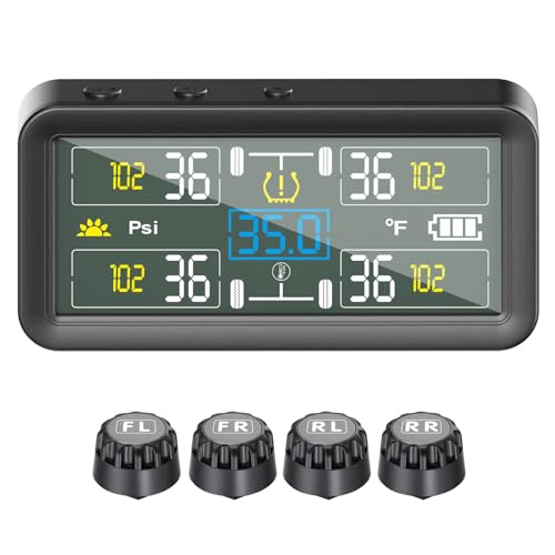 Pressure Monitoring System Real-time Pressure & Temp Monitoring Solar Tire Pressure Monitor with 4 Sensors Easy USB Charge IPX7 LCD Display