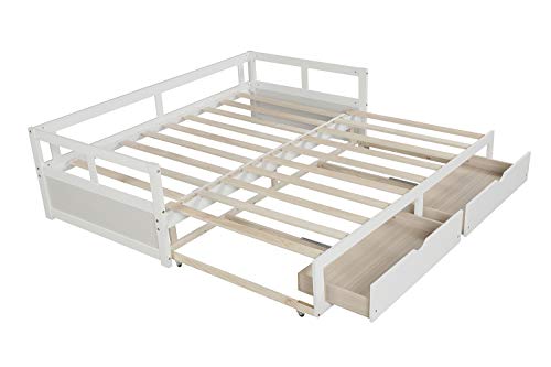 Windaze Extendable Daybed with Trundle and 2 Storage Drawers Full Twin to King Size, Solid Wood Multi-Function Bed with Slats Support, White