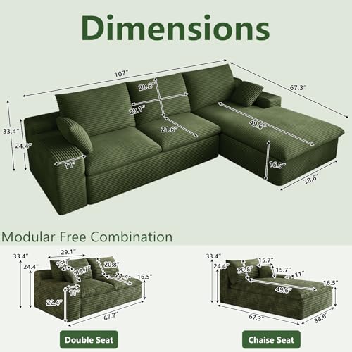 Image of 107 inch Cloud Couch Modular Sectional Sofa for Living Room, L-Shape Boneless Couch with Deep Seat, Modern Corduroy 3-Seater, No Assembly Required (Green,Right-Facing Chaise)