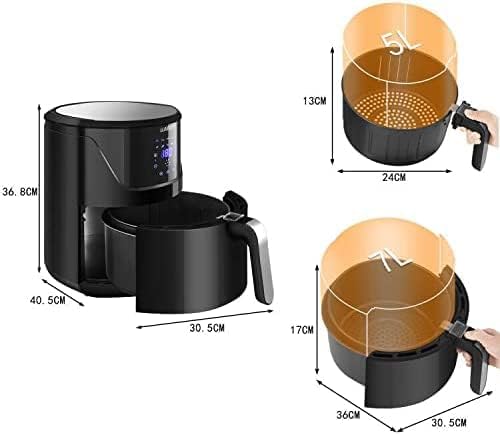 Technical diagram showing dimensions of the air fryer and its baskets