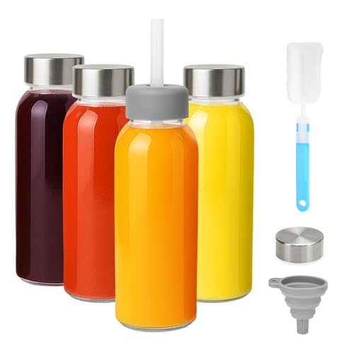Image of Zukro 10.5oz Glass Juice & Water Bottles with Stainless Steel Lids 4 Pack | Leak Proof Reusable Small Clear Drinking Bottle With Straw for Juicing, Smoothie, Dishwasher & Fridge Safe, BPA Free