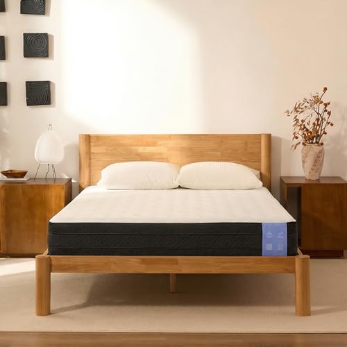 FLEXISPOT Hako Japanese Joinery Bed Frame&12" Cooling Gel Memory Foam Mattress Set, Solid Rubberwood Queen Bed, Storage Headboard, IAS&SGS Certified, No Tools Assembly, 10-Year Warranty, Natural Oak