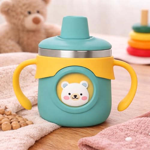 Image of THE LITTLE LOOKERS Stainless Steel Sipper Bottle 260ml | 316 Grade SS | BPA Free | Suitable for Hot & Cold | Travelling Bottle for Kids & Toddler | Training Sippy Cup with Straw /Spout (Green)