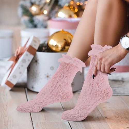 Image of 4 Pairs Womens Lace Ruffle Frilly Socks,Sexy Mesh Lace Trim Socks Lolita Socks,Cute Dress Socks Ankle High Socks for Women