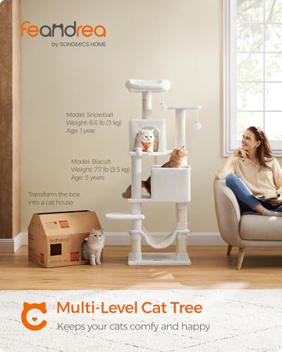 Image of Feandrea Cat Tree, 59.5-Inch Tall Cat Tower, Plush Multi-Level Condo with 5 Scratching Posts, 2 Perches, 2 Caves, Hammock, 2 Pompoms, Cream White UPCT192T01