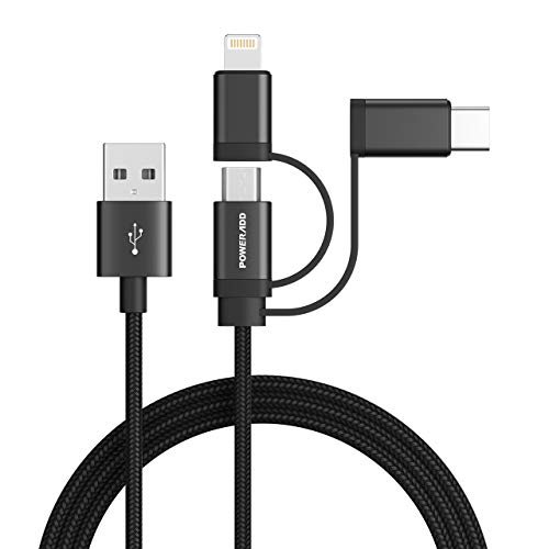 POWERADD [MFi Certified] Multi Charging Cable Certified iPhone/Type C/Micro USB Charger Nylon Braided Cord 3.3ft (1m) 3 in 1 Multiple Universal Charger for iPhone/iPad and Android Devices