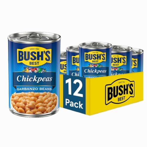 BUSH'S BEST 16 oz Canned Garbanzo Beans (Chickpeas), Source of Plant Based Protein and Fiber, Vegetarian, Low Fat, Gluten Free, (Pack of 12)