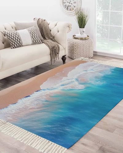 Blue White Ocean Wave Washable Woven Area Rug - 4