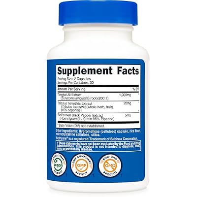Nutricost Tongkat Ali 1,000mg 60 Capsules - with Tribulus Terrestris and BioPerine, Vegetarian Caps, Non-GMO, Gluten Free, Potent Extract