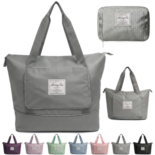 Image of Nylon 42 Liter Expandable Travel Bags for Women, Duffle Bags for Women Luggage, Foldable Vanity Traveling Bag, Waterproof Hand Bag for Ladies Personal Items (Grey)