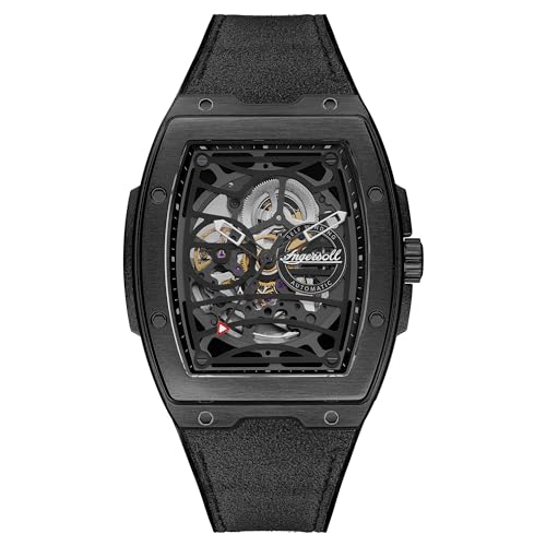 Ingersoll The Challenger Herren-Automatikuhr, 42 mm, mit schwarzem Sleketon-Zifferblatt und schwarzem PU/Alcantara-Armband