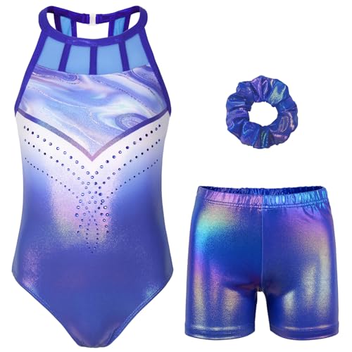 Gymnastics Leotards for Girls With Shorts Sparkly Ballet Dance Mesh Tank Activewear Diamond Blue Set 8-9 Years